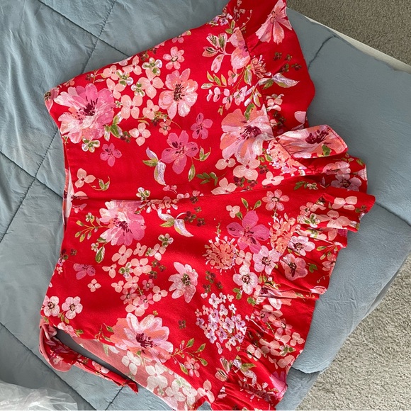 Red Multi Floral Print Ruffled Side-Tie Skort - Picture 4 of 6